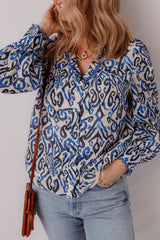 Blue Bohemian Print Embroidered V Neckline Detail Long Sleeve Shirt Blouses & Shirts JT's Designer Fashion