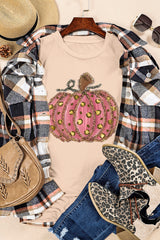Khaki Cheetah Pumpkin Print Round Neck T Shirt Graphic Tees JT's Designer Fashion