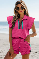 Strawberry Pink Striped Detail Flutter Sleeve Zipped Collar Short Set Short Sets JT's Designer Fashion