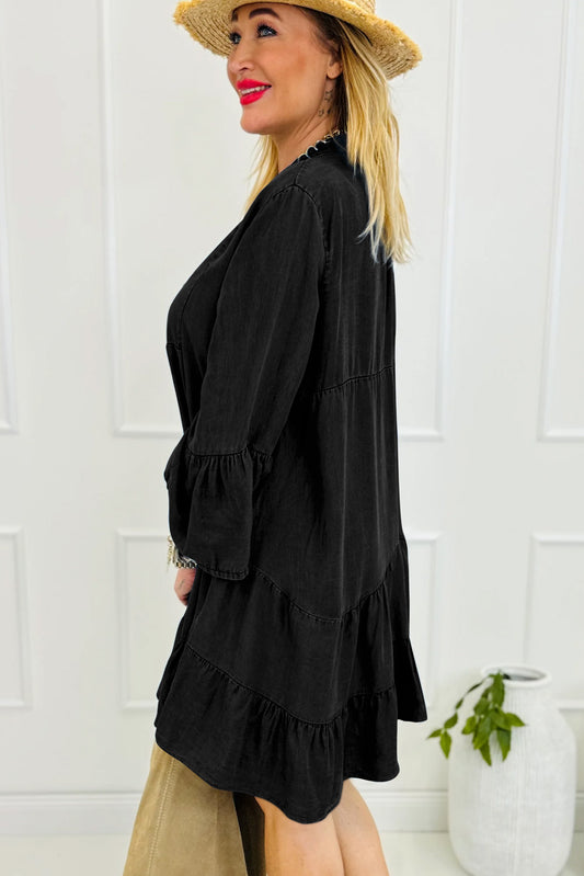 Black Chambray Ruffled 3/4 Sleeve Tiered Split V Neck Mini Dress Mini Dresses JT's Designer Fashion