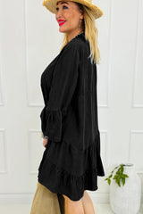 Black Chambray Ruffled 3/4 Sleeve Tiered Split V Neck Mini Dress Mini Dresses JT's Designer Fashion