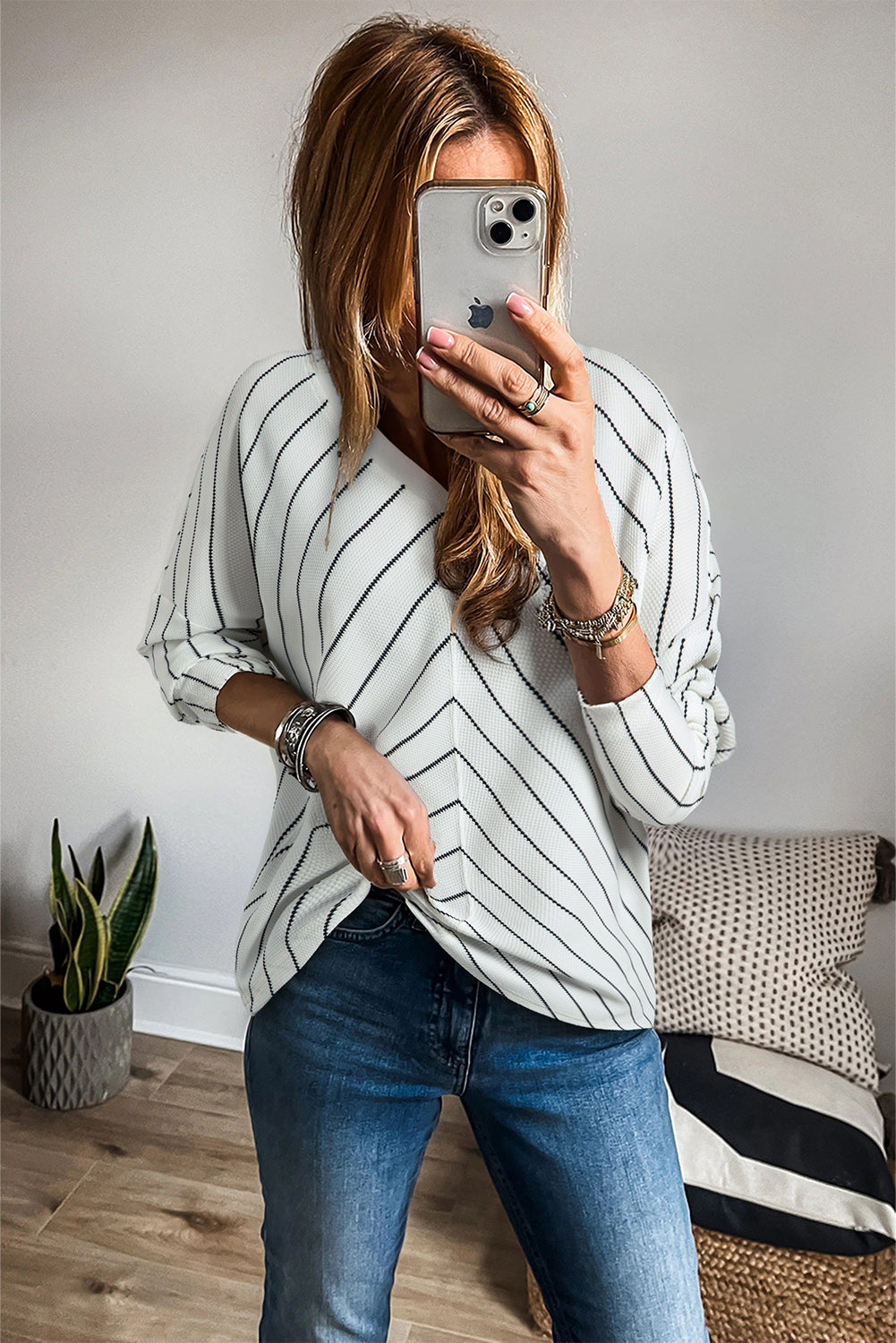 Black Stripe Chevron Striped V Neck Long Sleeve Casual Top Long Sleeve Tops JT's Designer Fashion