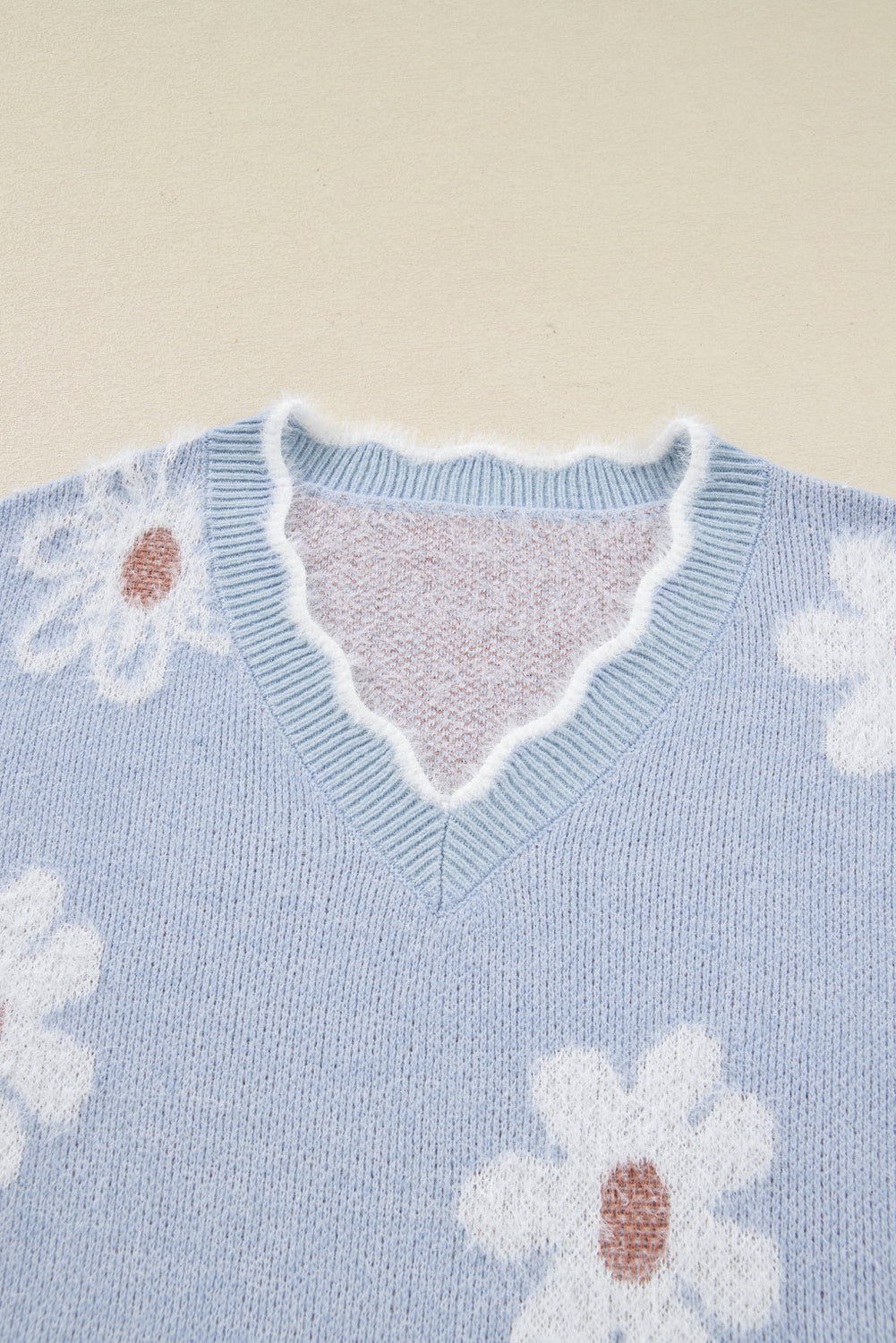 Gray Fuzzy Flower Scalloped V Neck Plus Sweater Plus Size Sweaters & Cardigans JT's Designer Fashion