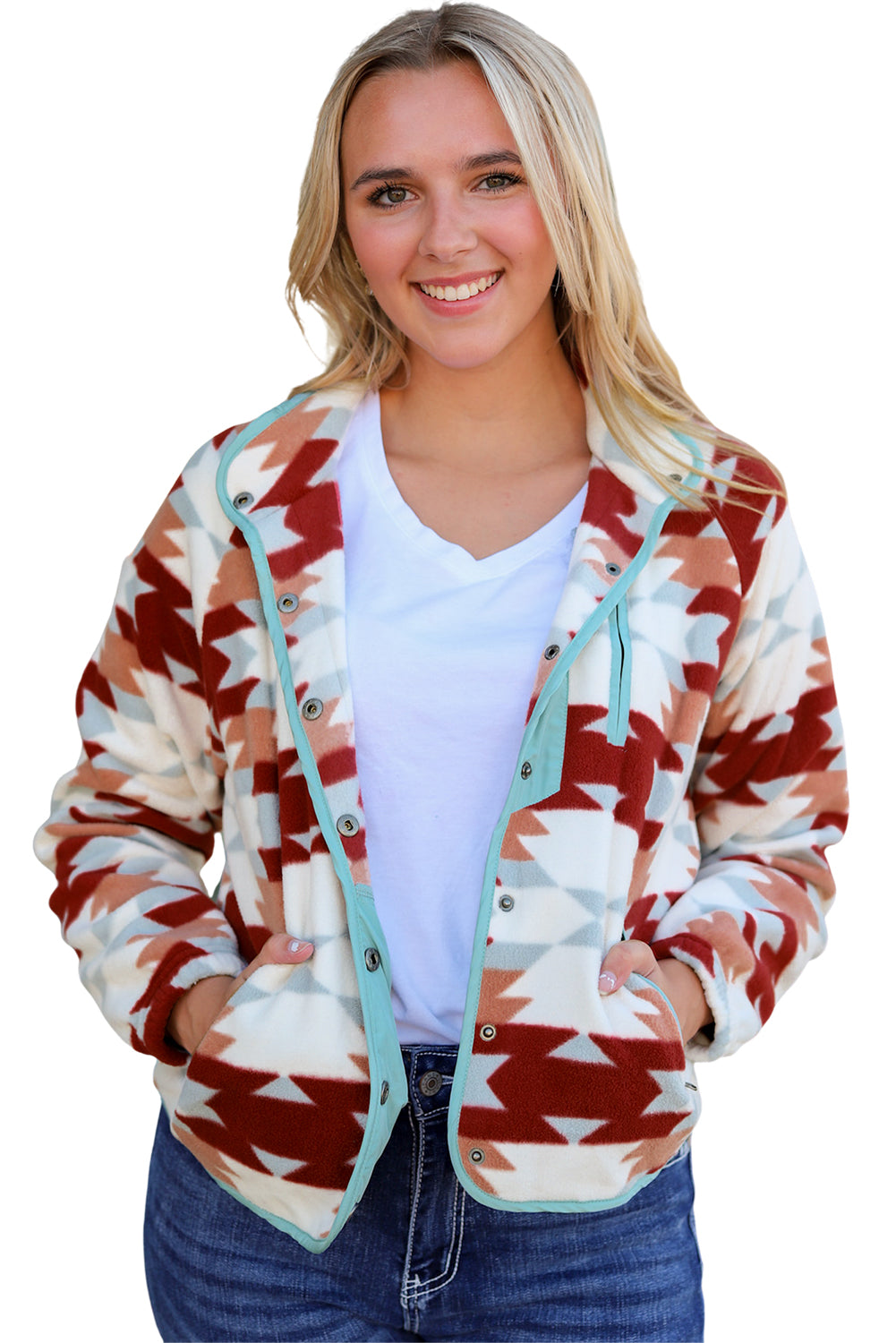 Fiery Red Western Aztec Buttoned Zipper Pockets Fleece Jacket Jackets JT's Designer Fashion