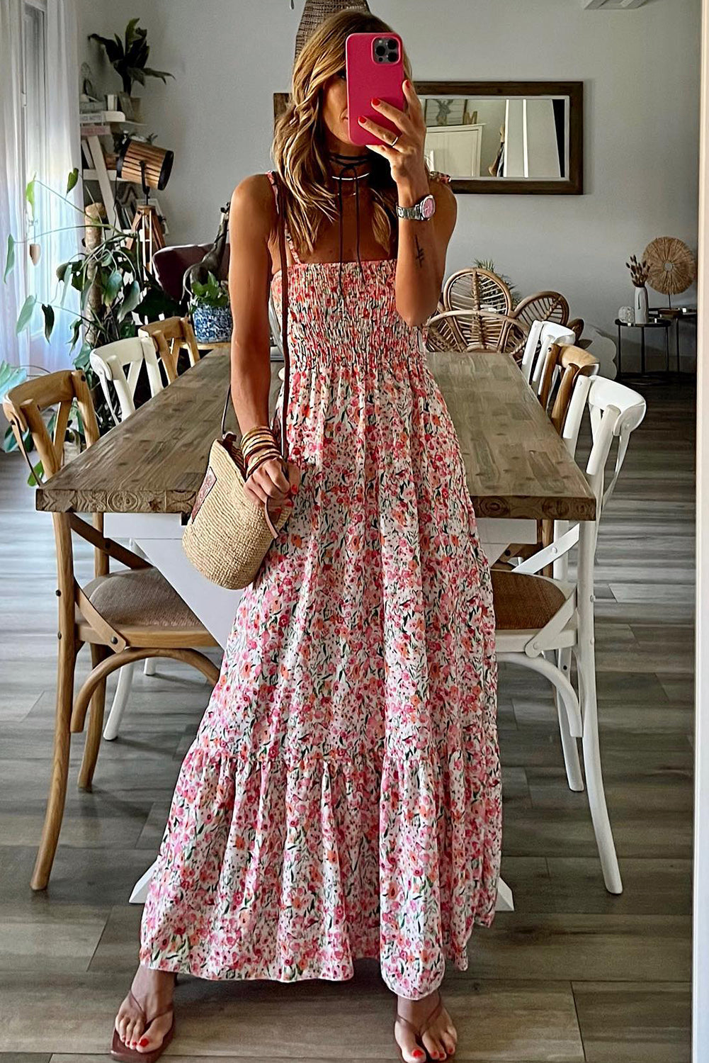 White Boho Floral Smocked Ruffled Long Dress Maxi Dresses JT's Designer Fashion