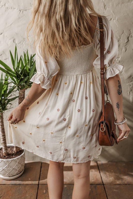 Beige Embroidered Flower Smocked Bust Half Puff Sleeve Empire Waist Textured Flowy Dress Mini Dresses JT's Designer Fashion