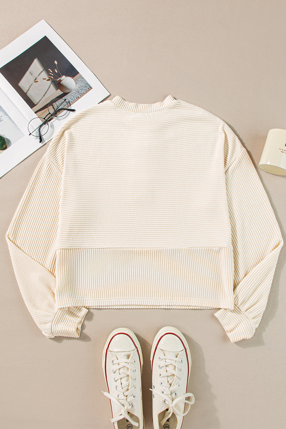 Apricot Corded Texture Lantern Sleeve Buttons Henley Sweatshirt Sweatshirts & Hoodies JT's Designer Fashion