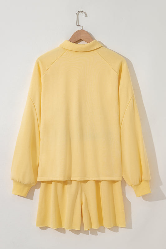 Yellow Cream Button Collar Drop Shoulder Pullover and Shorts 2pcs Outfit Short Sets JT's Designer Fashion