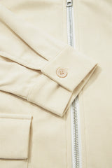 Parchment Contrast Leather Collar Textured Zip Up Jacket Jackets JT's Designer Fashion