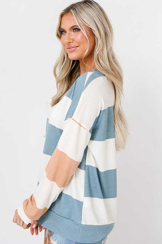 Light Blue Colorblock Striped Drop Shoulder Long Sleeve Top Long Sleeve Tops JT's Designer Fashion