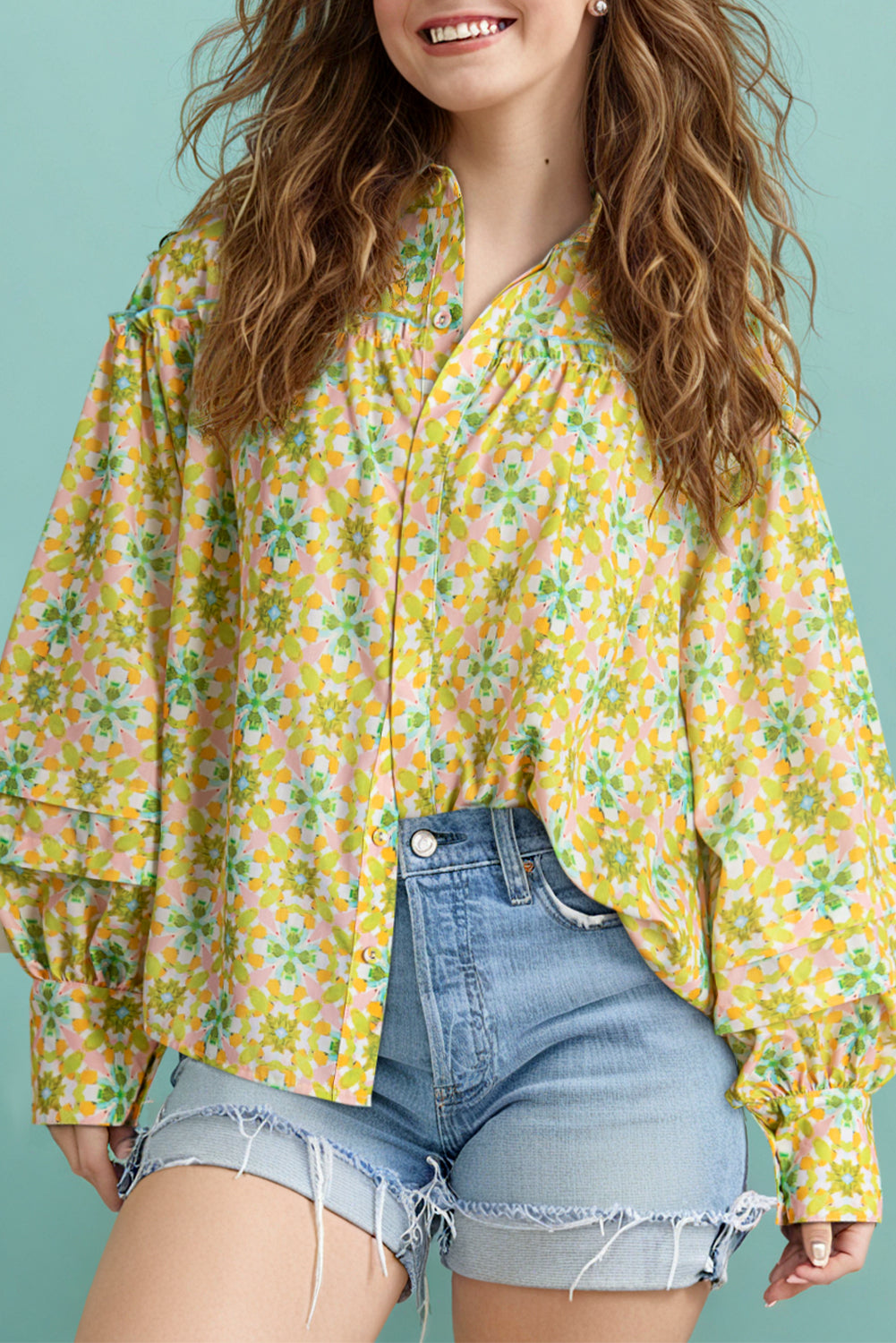 Green Boho Floral Print Frilly Detail Puff Sleeve Shirt Green 100%Polyester Blouses & Shirts JT's Designer Fashion
