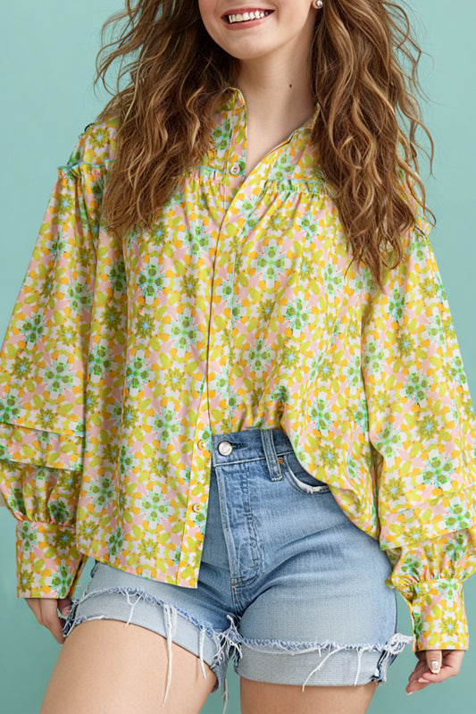 Green Boho Floral Print Frilly Detail Puff Sleeve Shirt Green 100%Polyester Blouses & Shirts JT's Designer Fashion