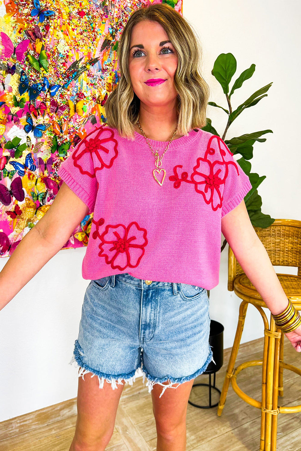 Bright Pink Corded Flower Embroidery Short Sleeve Knitwear Top Sweaters & Cardigans JT's Designer Fashion