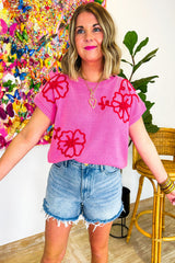 Bright Pink Corded Flower Embroidery Short Sleeve Knitwear Top Sweaters & Cardigans JT's Designer Fashion