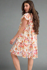 Apricot Floral Geometric Print Ruffled Trim Flutter Sleeve Mini Dress Floral Dresses JT's Designer Fashion