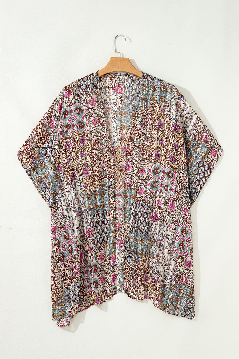Apricot Floral Print Short Wide Sleeve Open Front Loose Kimono Kimonos JT's Designer Fashion