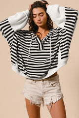 Black white Oversized Striped Henley Buttons Dolman Sleeve Hooded Top Long Sleeve Tops JT's Designer Fashion