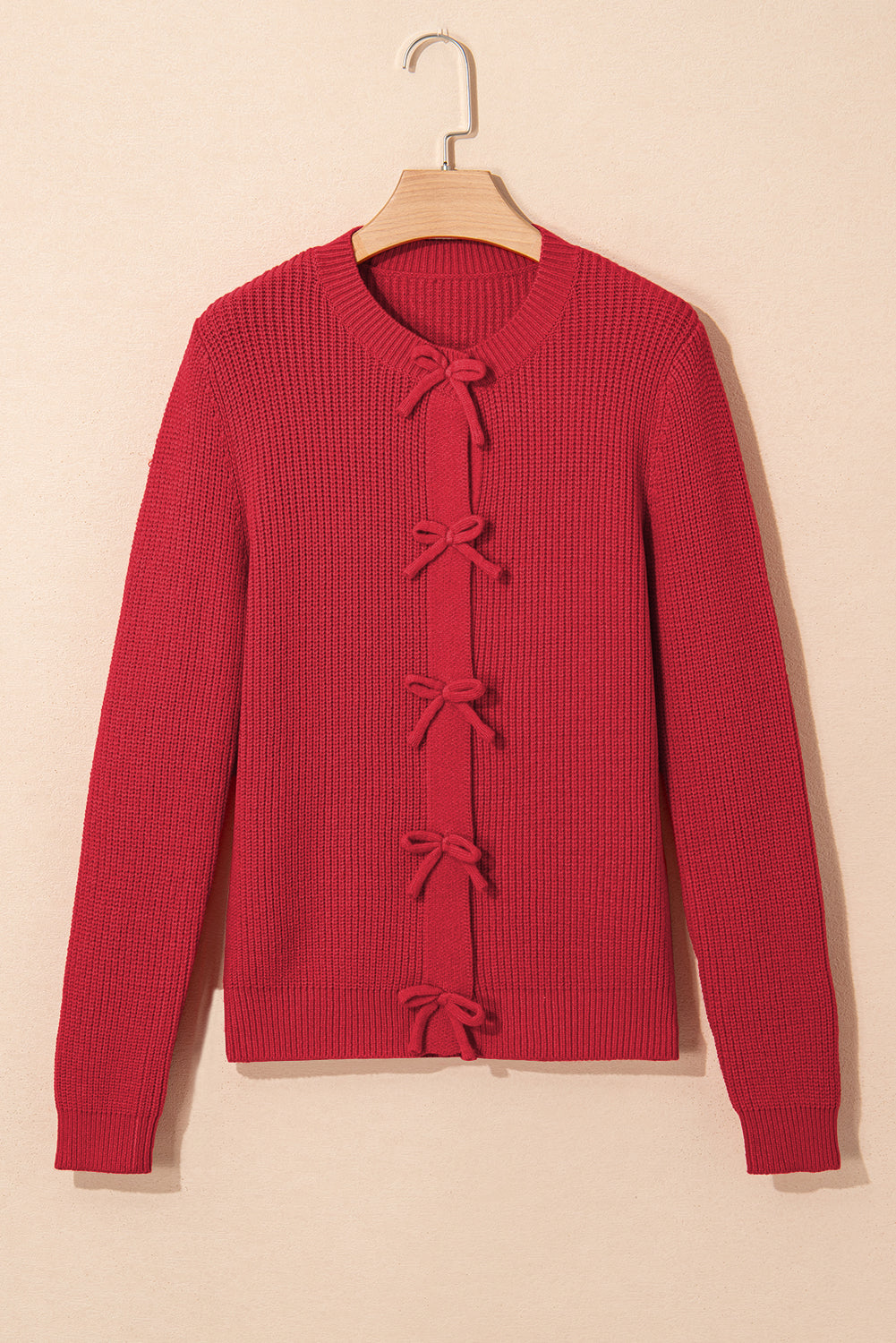 Fiery Red Ribbed Knit Bow Front Buttoned Cardigan Cardigans JT's Designer Fashion
