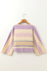 Purple Stripe Borderline Rib Knit Cuffed Dolman Sleeve Sweater Sweaters JT's Designer Fashion