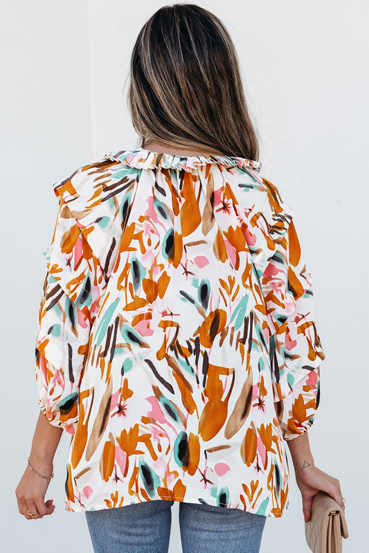 Yellow Abstract Print Drawstring Frilled V Neck 3/4 Sleeve Blouse Blouses & Shirts JT's Designer Fashion