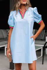Myosotis Contrast Striped Notched V Neck Puff Sleeve Mini Dress Mini Dresses JT's Designer Fashion
