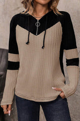 Parchment Textured Colorblock Long Sleeve Quarter Zip Drawstring Hooded Top Long Sleeve Tops JT's Designer Fashion