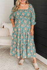 Green Plus Size Floral Print Square Neck Smocked Maxi Dress Plus Size Maxi Dresses JT's Designer Fashion
