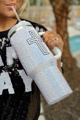 White Cross Rhinestone40 OZ Tumbler with Handle Tumblers JT's Designer Fashion