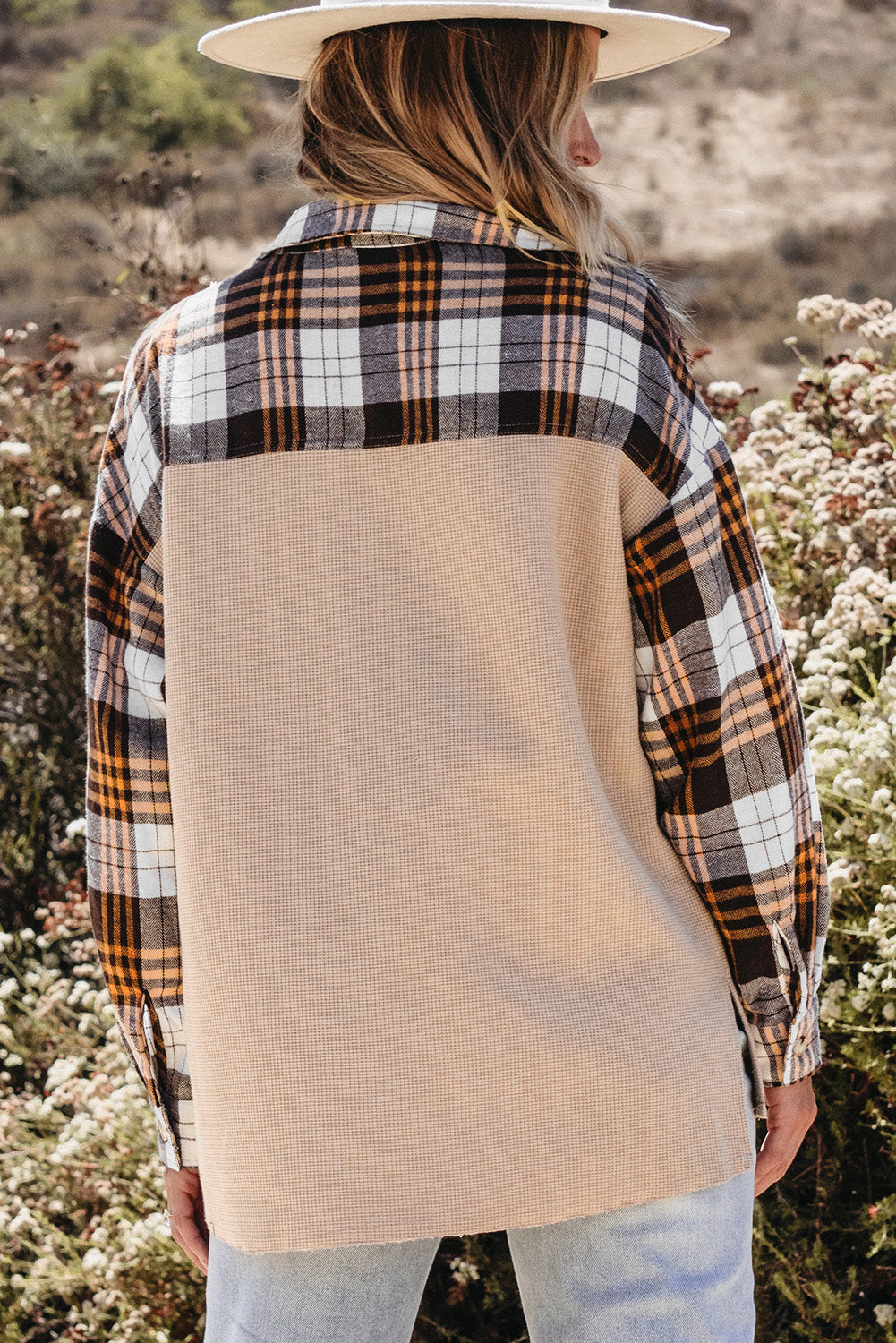 Khaki Thermal Knit Plaid Patchwork Shacket Plaid Shackets JT's Designer Fashion