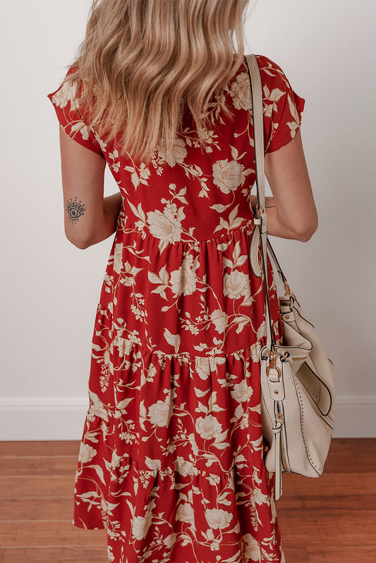 Red Floral Print Buttoned Front V Neck Tiered Short Sleeve Midi Dress Midi Dresses JT's Designer Fashion