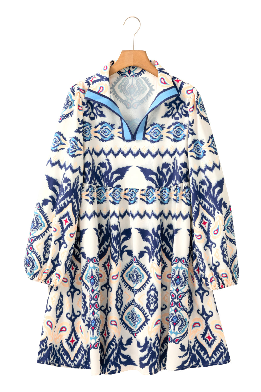 Blue Ethnic Print Striped Split Neck Long Sleeve Flowy Mini Dress Mini Dresses JT's Designer Fashion