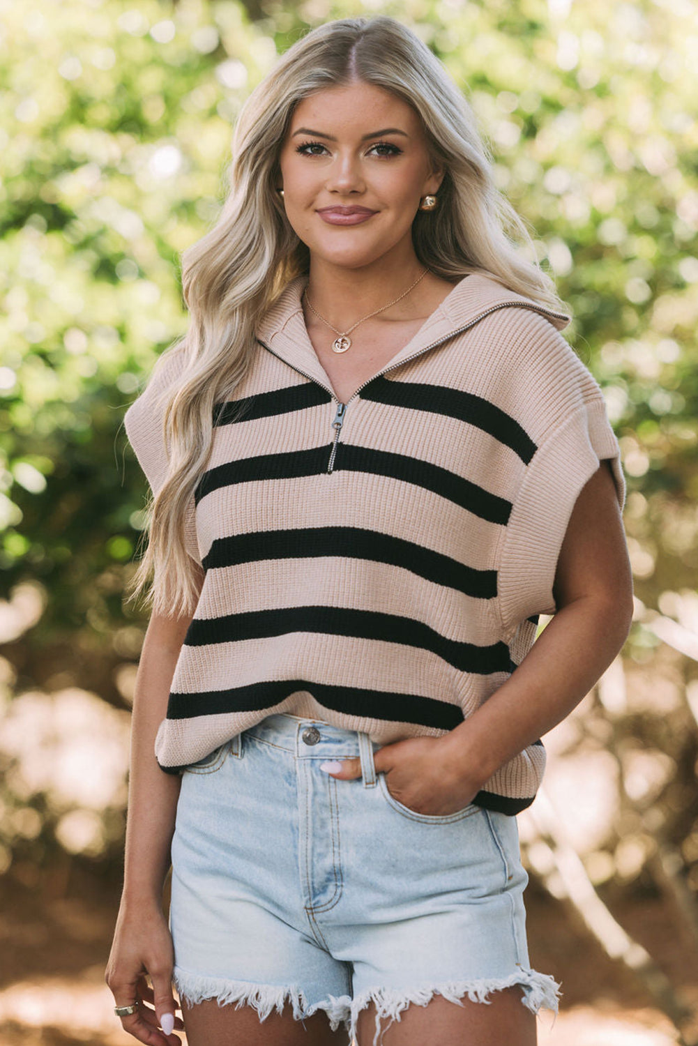 Khaki Stripe Zipped Collar Short Sleeve Sweater Top Sweaters & Cardigans JT's Designer Fashion