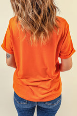 Orange Halloween Pumpkin Face Print Crew Neck T Shirt Graphic Tees JT's Designer Fashion
