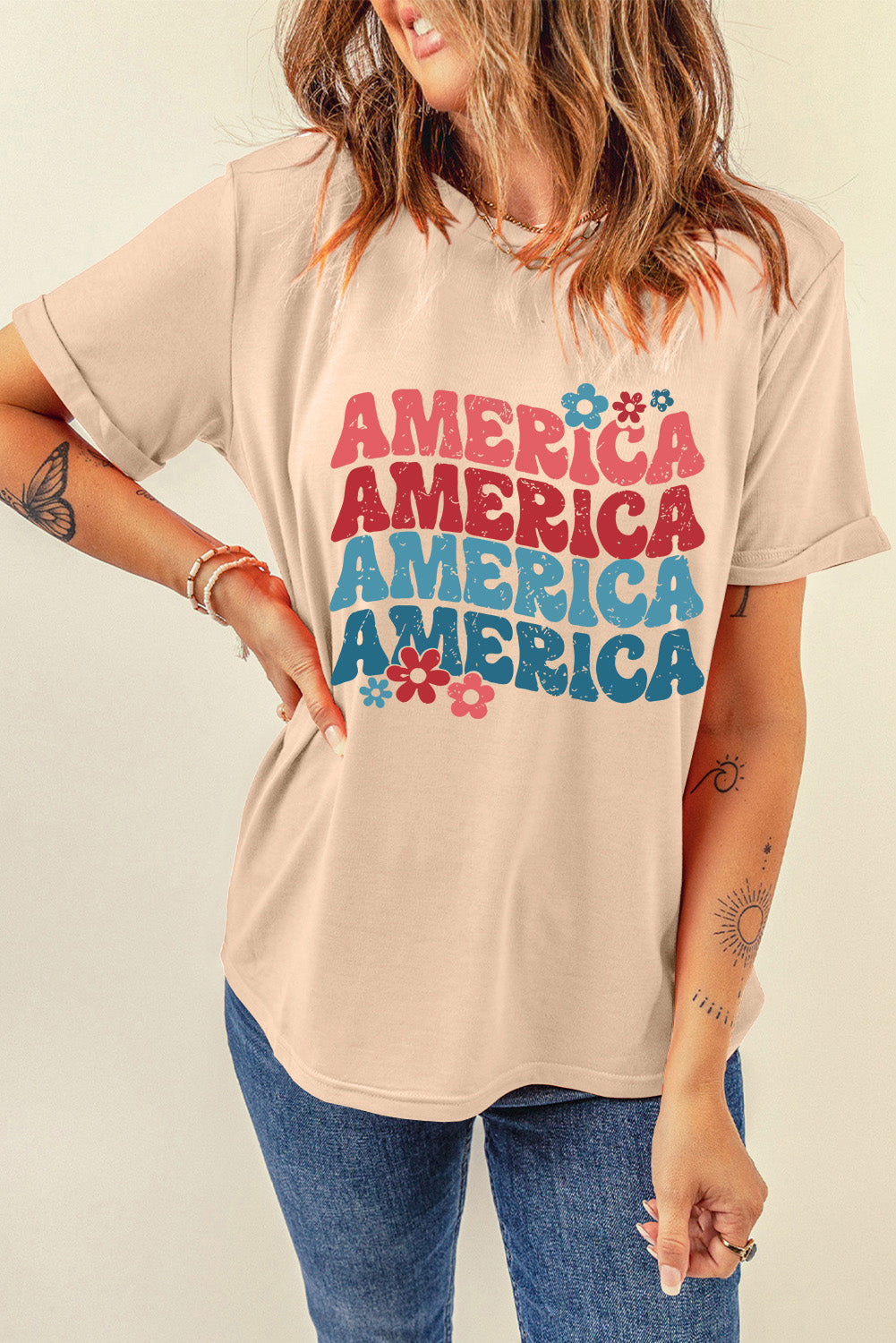Khaki AMERICA Letter Floral Print T Shirt Graphic Tees JT's Designer Fashion