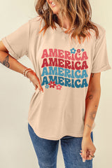 Khaki AMERICA Letter Floral Print T Shirt Graphic Tees JT's Designer Fashion