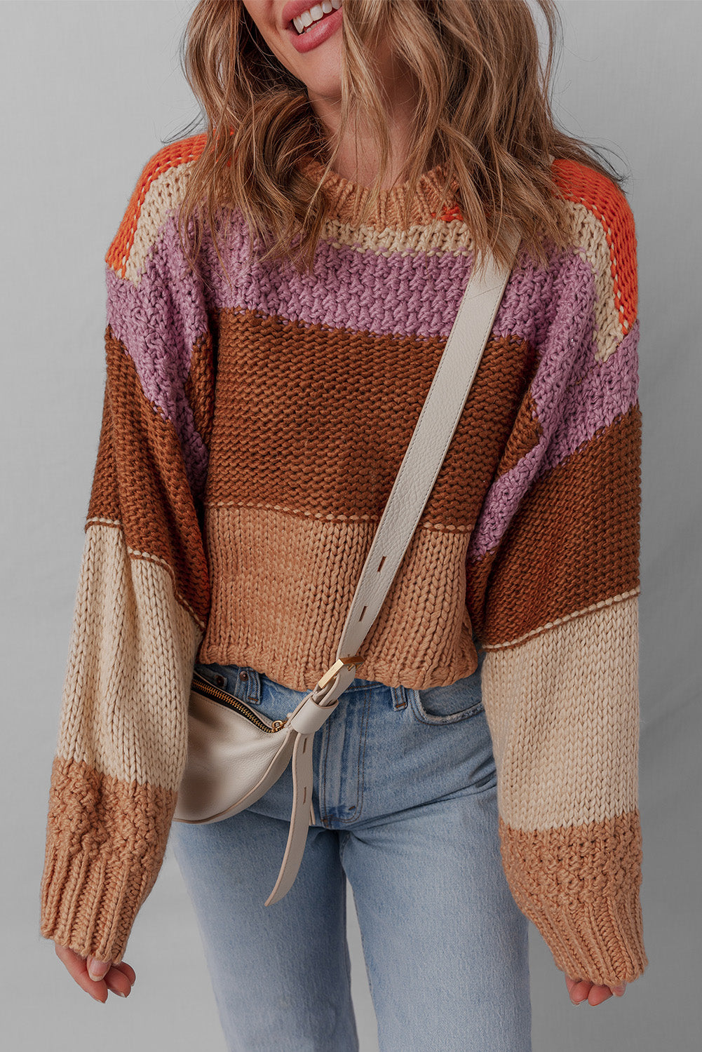 Multicolour Cropped Colorblock Drop Shoulder Knitted Sweater Sweaters JT's Designer Fashion