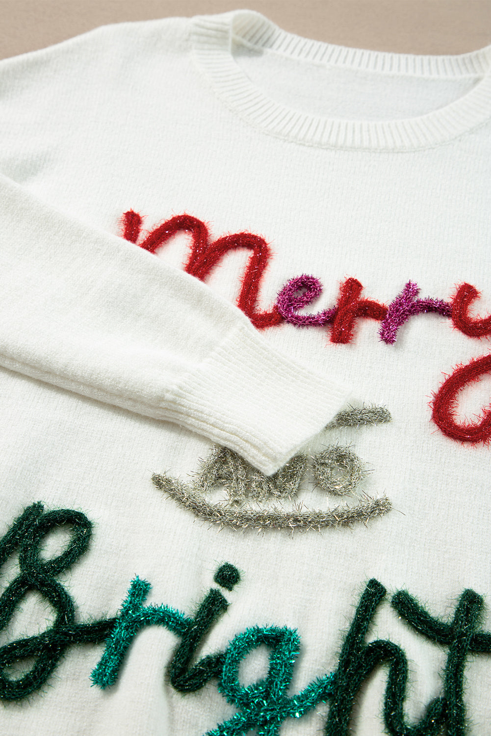 White Tinsel Merry and Bright Graphic Christmas Sweater Sweaters JT's Designer Fashion