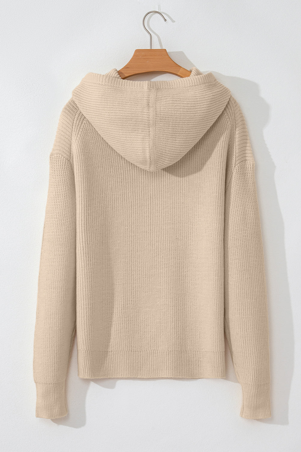 Beige Solid Color Drawstring Hooded Drop Shoulder Pullover Sweater Sweaters JT's Designer Fashion