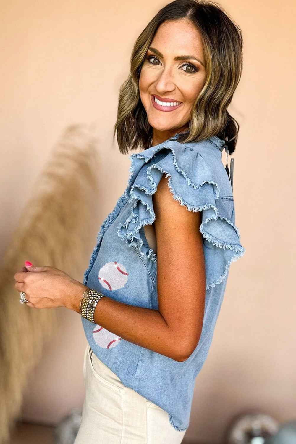 Beau Blue Sequin Baseball Graphic Button Up Ruffled Sleeve Frayed Denim Top Graphic Tees JT's Designer Fashion