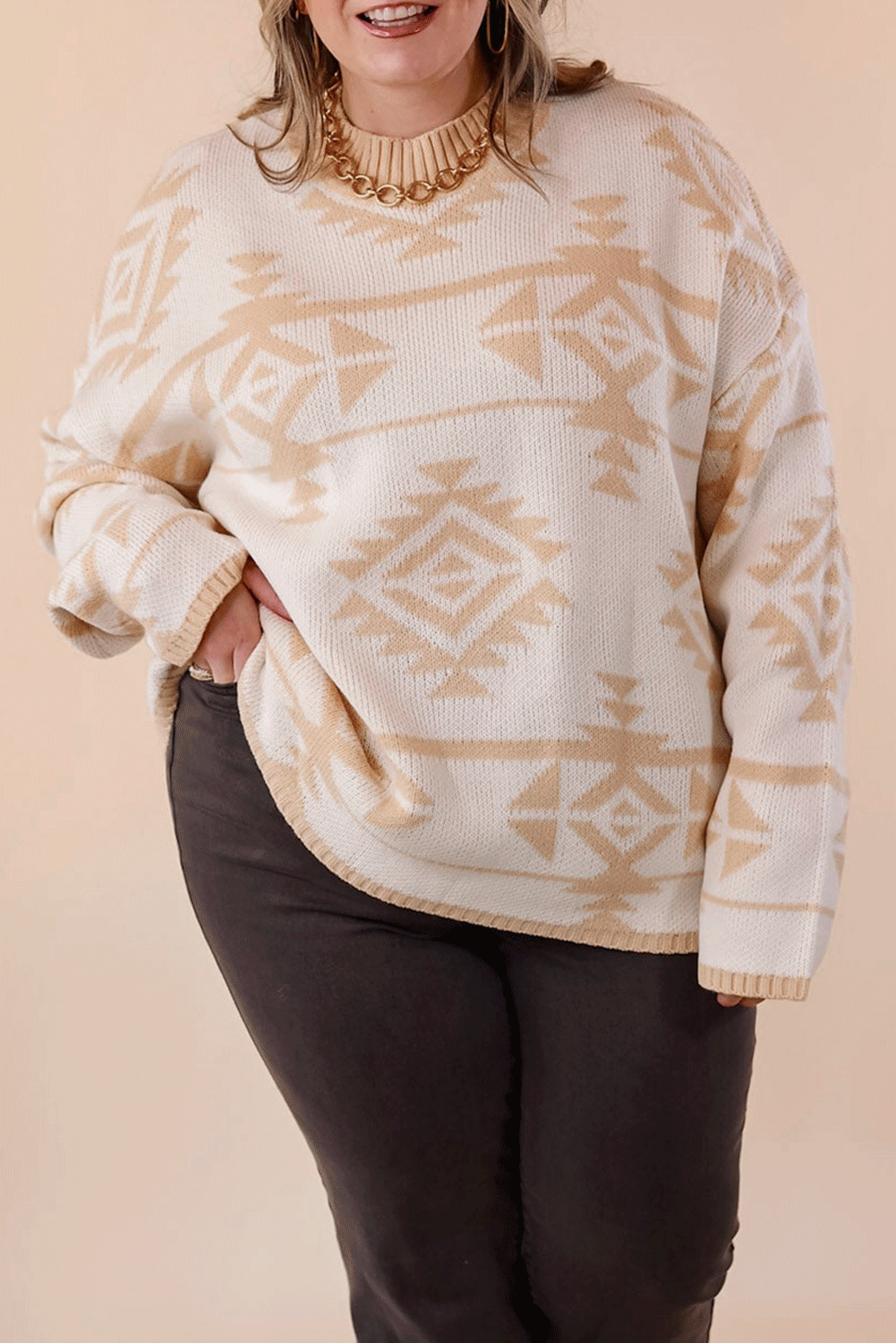 Apricot Plus Size Western Aztec Print Loose Sweater Plus Size Sweaters & Cardigans JT's Designer Fashion