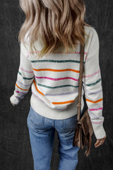 White Colorful Striped Ribbed Trim Sweater Sweaters JT's Designer Fashion