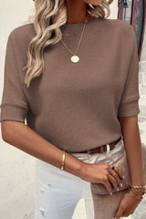 Coffee Round Neck Half Sleeve Ribbed Knit Top Sweaters & Cardigans JT's Designer Fashion