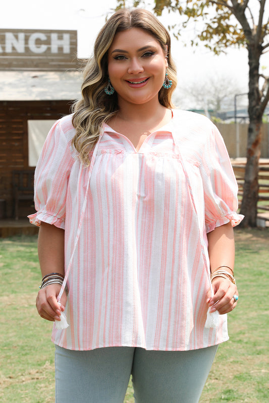 Pink Stripe Plus Size Tassel Tie Frilled Detail Short Sleeve Blouse Plus Size Blouses & Shirts JT's Designer Fashion