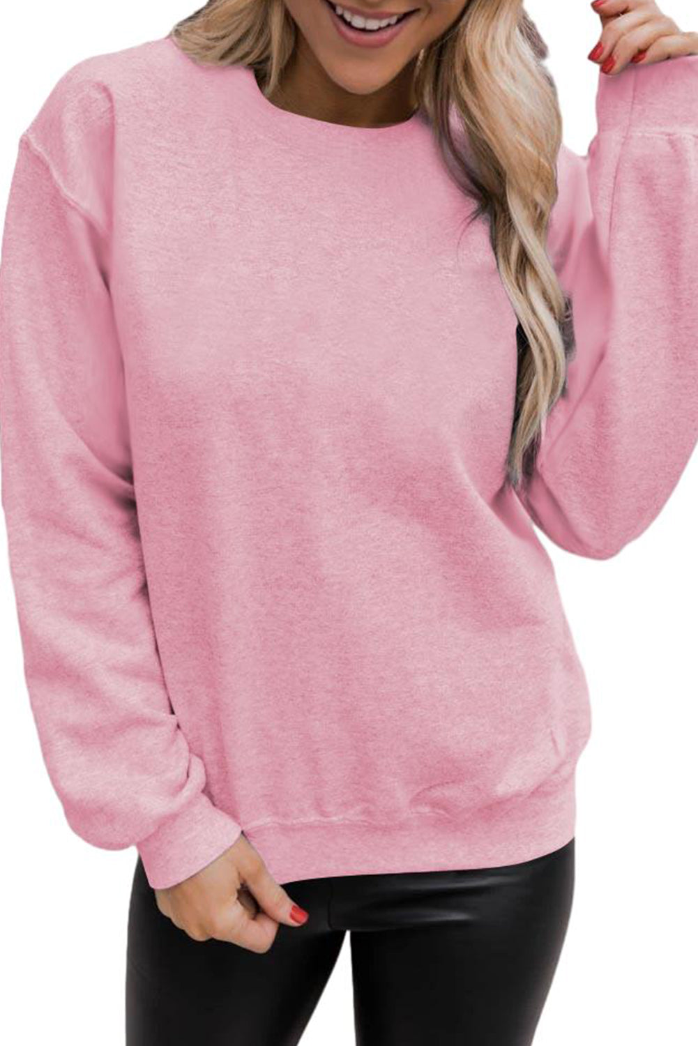 Pink Solid Color Crewneck Pullover Sweatshirt Sweatshirts & Hoodies JT's Designer Fashion