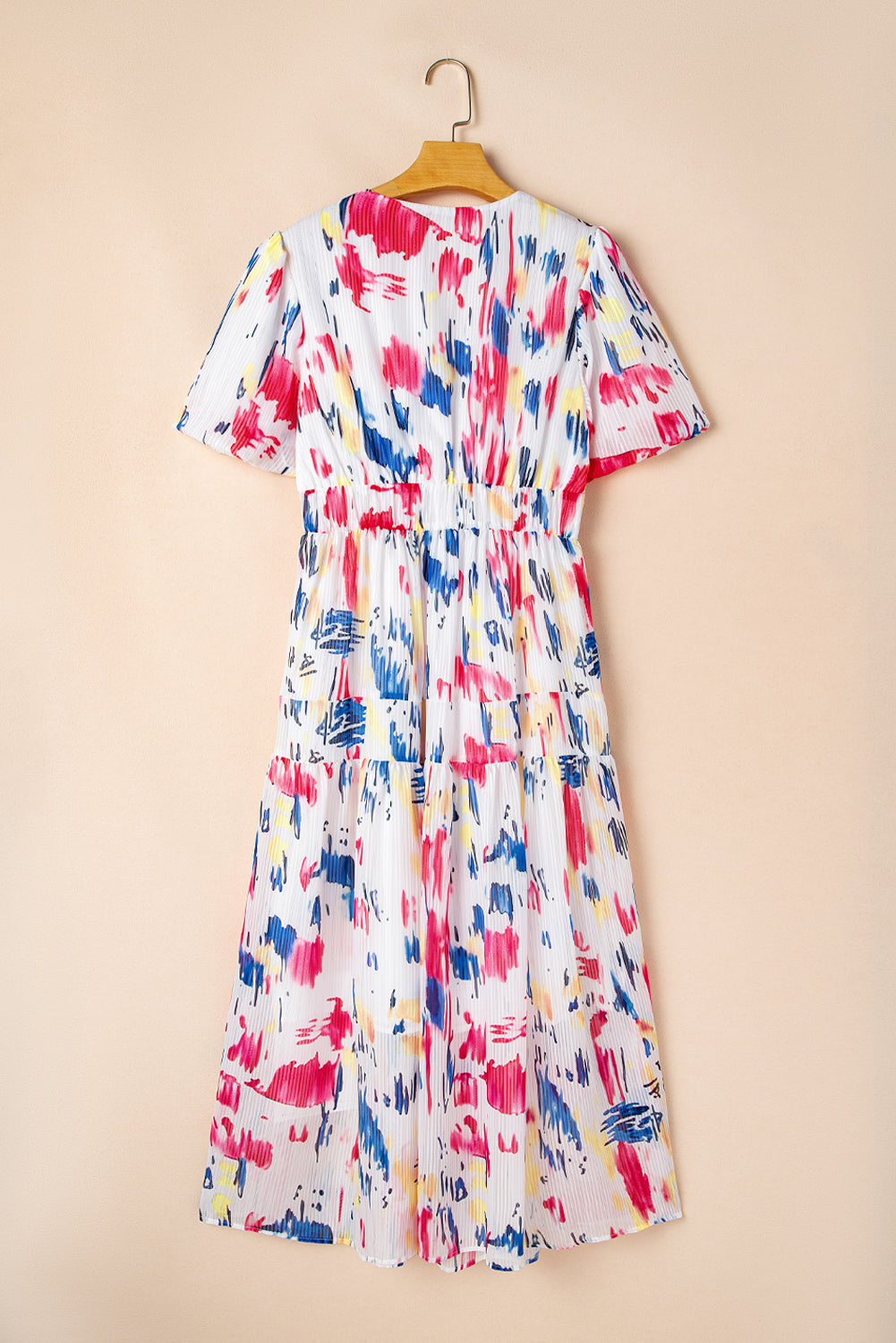 Rose Abstract Print Short Puff Sleeve Tiered Long Dress Maxi Dresses JT's Designer Fashion
