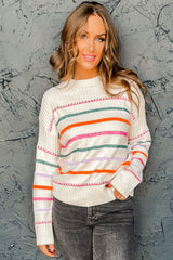 White Colorful Striped Ribbed Trim Sweater Sweaters JT's Designer Fashion