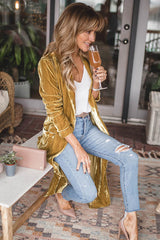 Yellow Velvet Open Front Pocketed Long Duster Sweaters & Cardigans JT's Designer Fashion