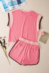 Peach Blossom Contrast Trim Cap Sleeve Tee Shorts Set Short Sets JT's Designer Fashion