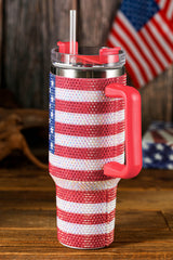 Red Rhinestone American Flag Print Handled 40oz Thermos Tumbler Tumblers JT's Designer Fashion