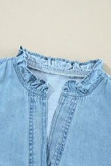 Button Up Notched Long Sleeve Denim Dress Mini Dresses JT's Designer Fashion